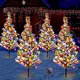 4 PCS Solar Christmas Tree, Outdoor Christmas Decorations, Xmas Tree Solar Powered with 80 LED Multi-Color Lights, Red Bow, for Holiday Yard Front Porch Pathway Graveyard Cemetery Garden Patio Decor