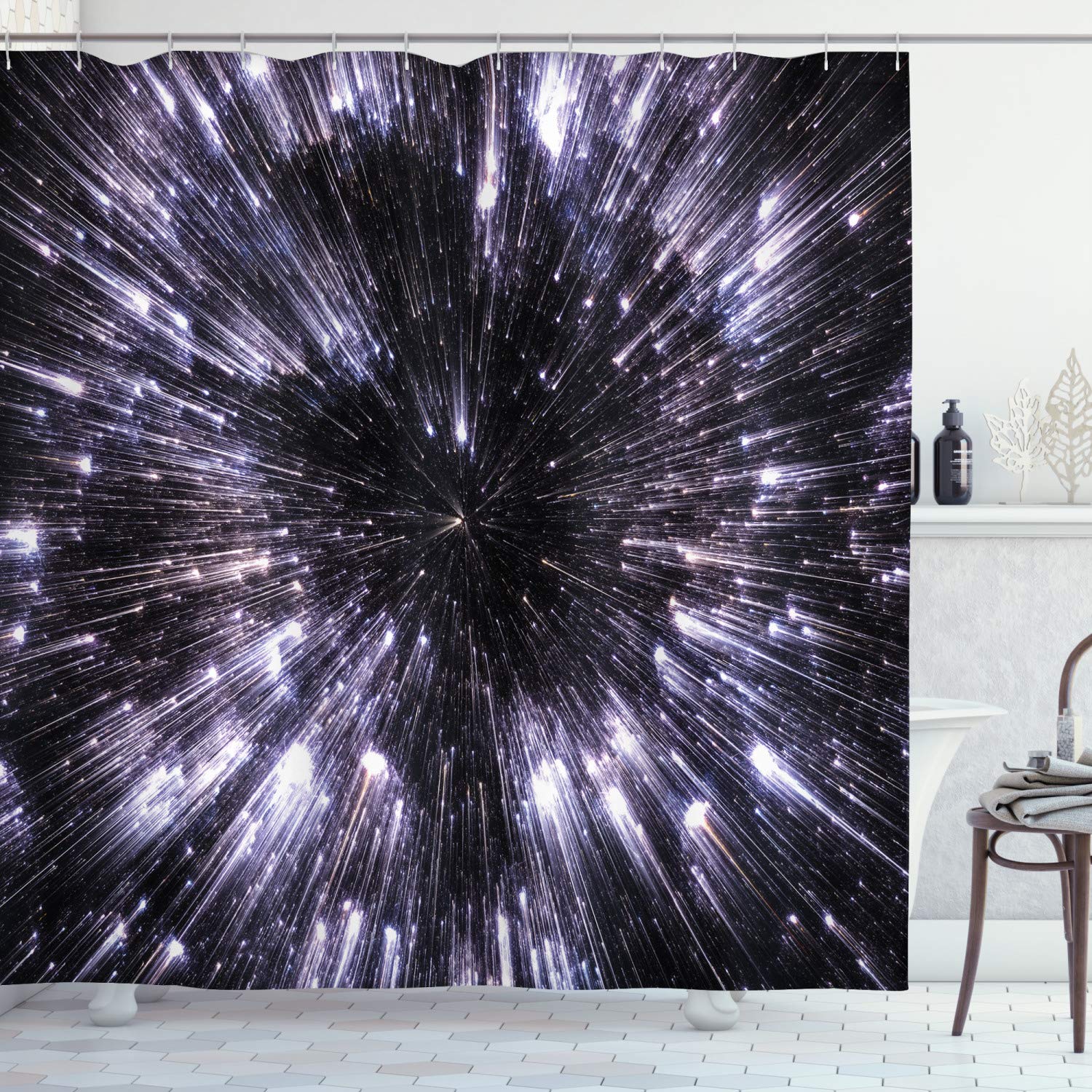 ABAKUHAUS Galaxy Shower Curtain, Speed of Life Space Travel Galaxy Universe Science Fiction Future, Cloth Fabric Bathroom Decor Set with Hooks, 175 x 240 cm, Violet Black White — image 1
