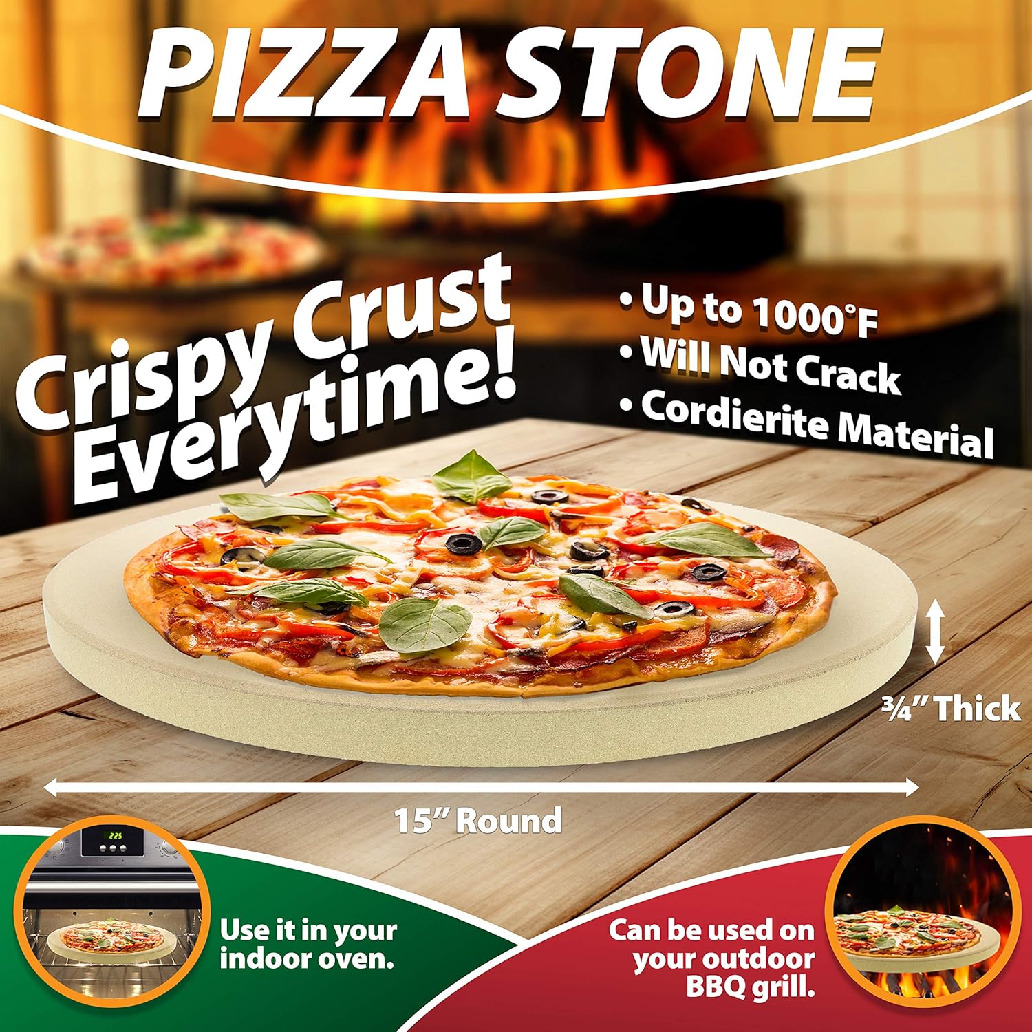 Pizza Stone for Grill and Oven - 15 Inch 3/4" Extra Thick - Cooking & Baking Stone for Oven and BBQ Grill - With Durable Foam Packaging, Gift Box & Pizza Recipes Ebook: Kitchen & Dining