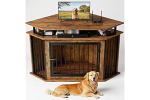 IRONCK 51" Corner Wooden Dog Crate Furniture with 2-Tier Shelves, Pet Kennel for Large Dogs, Space-Saving Dog Cage for TV Stand, Rustic Brown (26.7" L x 51.2" W x 33.5" H)