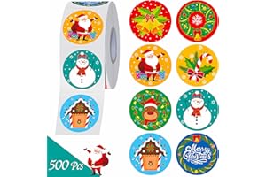 HEBAYY 500 PCS Christmas Stickers, 8 Designs Roll Stickers Winter Holiday Decoration Bells, Snowman Round Labels for Xmas Display Envelope Seal Party Supplies with Perforation line (1.5” in Diameter)