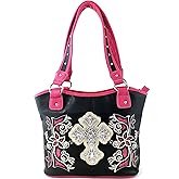 Justin West Tooled Leather Laser Cut Rhinestone Cross Studded Shoulder Concealed Carry Tote Style Handbag Purse