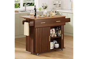 DHH Rolling Kitchen Island with Drop Leaf Countertop&Ample Storage - 39.4" Small Mobile Kitchen Cart On Wheels with Sliding D
