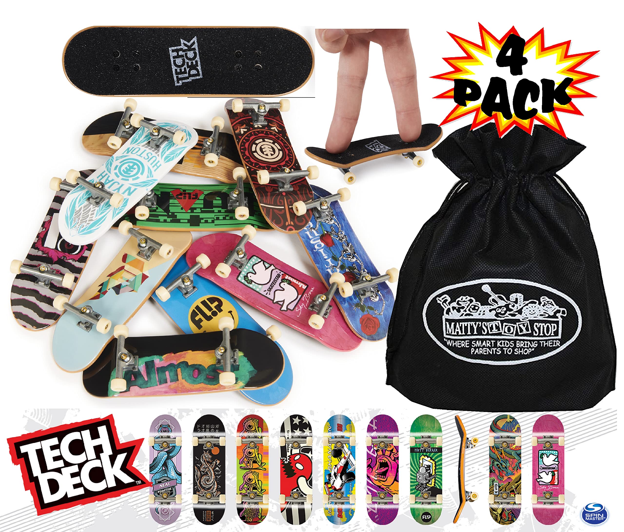 TECH DECK 96mm Individual Fingerboards Bundle with Matty's Toy Stop Storage Bag - Pack of 4 (Assorted Styles)