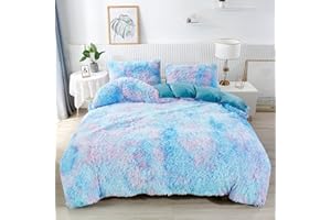 RYNGHIPY Super Soft Fuzzy Faux Fur Duvet Cover Set Rainbow Bedding Set for Girls Blue Tie Dye Plush & Velvet Flannel Comforter Cover with 2 Pillowcases (Colorful Blue,Queen)