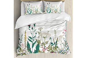 Ambesonne Flower Duvet Cover Set, Flowers and Leaves in a Spring Garden Daisies Roses Hydrangeas Art Print, Decorative 3 Piece Bedding Set with 2 Pillow Shams, King Size, Jade Green