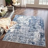 Rugcomf 4x6 Rug Washable Boho Soft Area Rug Abstract Pattern Non-Slip Faux Wool Vintage Rug for Living Room, Bedroom Rug, Farmhouse, Dining Room, Indoor, Kids Playroom, Blue