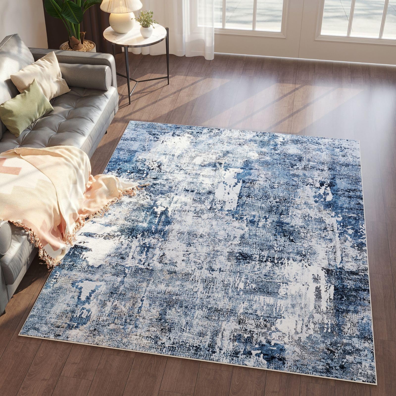 Rugcomf 4x6 Rug Washable Boho Soft Area Rug Abstract Pattern Non-Slip Faux Wool Vintage Rug for Living Room, Bedroom Rug, Farmhouse, Dining Room, Indoor, Kids Playroom, Blue Image