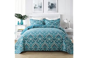 NEWLAKE Cotton Bedspread Quilt Sets-Reversible Patchwork Coverlet Set, Turquoise Classic Royal Pattern, Queen Size