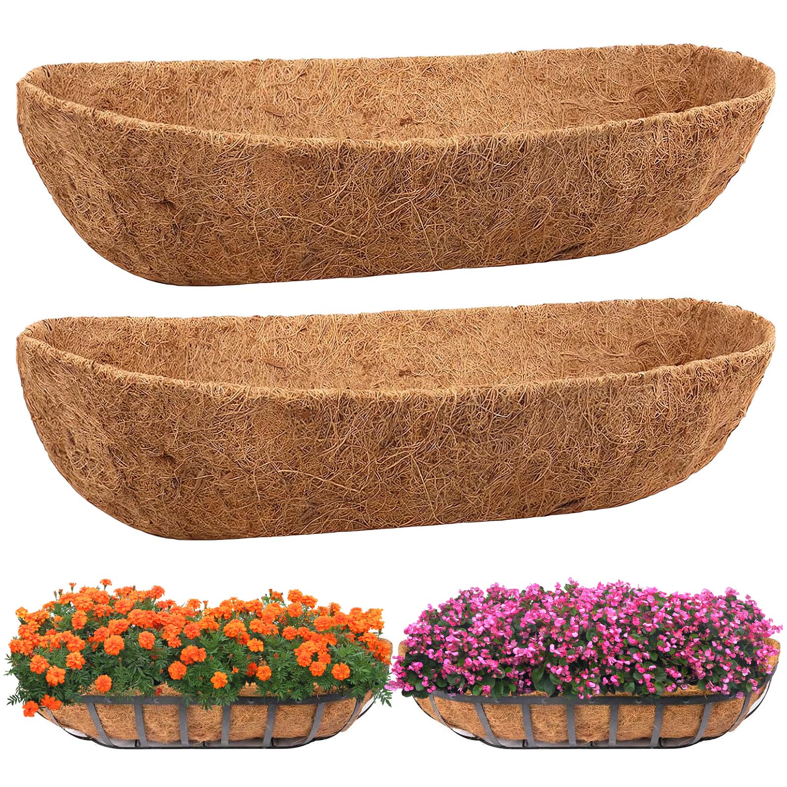 WenYa 2Pcs Hanging Basket Liner, 24 Inch Pre-formed Molded Coco Liners, 60cm Wall Trough Planter Liner for Window Box Hanging Baskets (24 inch-2pcs)