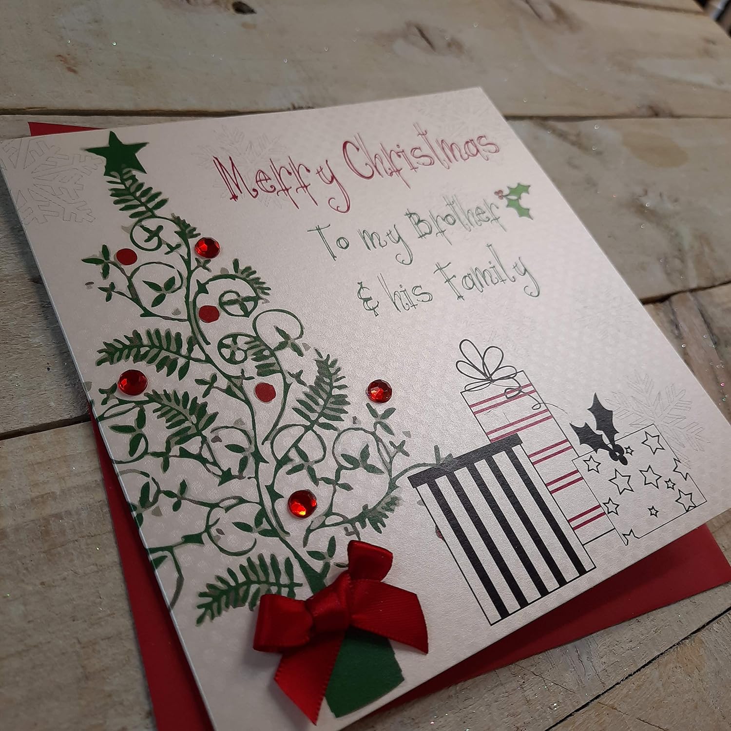 White Cotton Cards Merry Brother & His Family Handmade Christmas Card (Tree & Presents Code fp45), 16cm x 16cm - Image 3