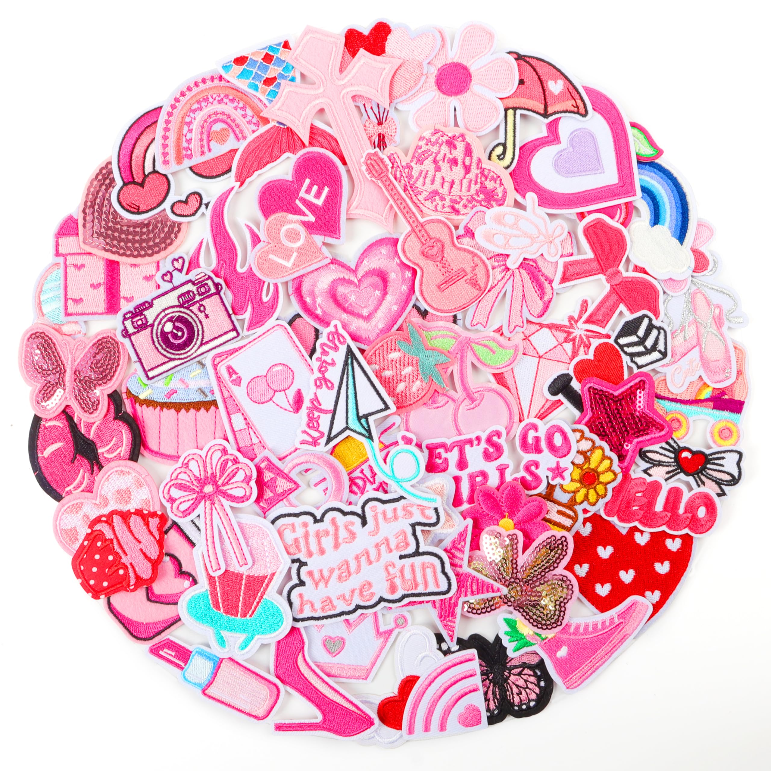 Photo 1 of NICEVINYL Pink Iron on Patches for Girls: 60PCS Girly Random Embroidery Patches for Backpacks Clothing Hats Jackets Pants Decor - Assorted Cute Sew on Appliques for DIY Accessories