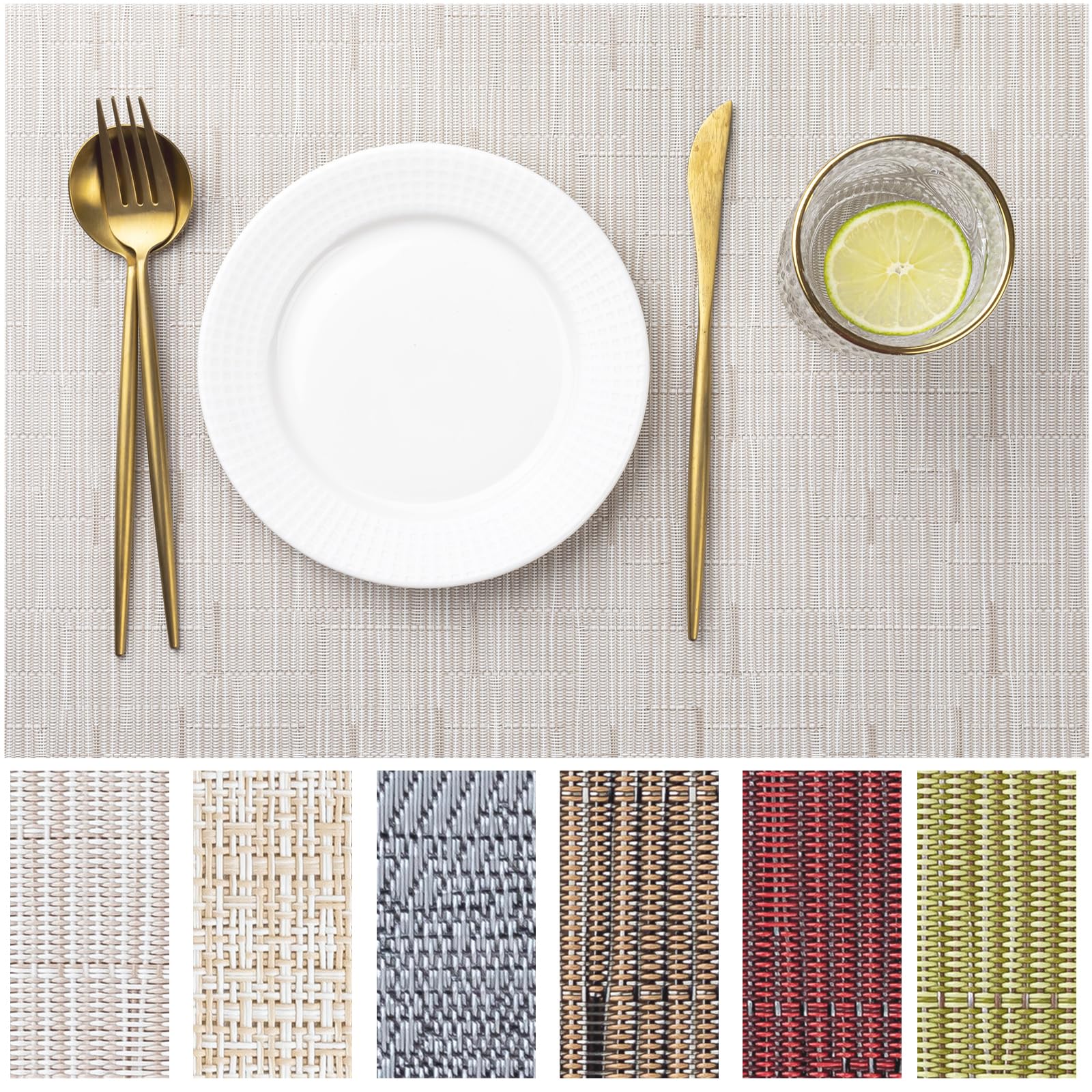 Photo 1 of LEXMORE PVC Woven Placemats 4 PCS Wipeable Indoor/Outdoor Table Mats Washable Vinyl Place Mats for Dining Table, Set of 4-Pale Beige