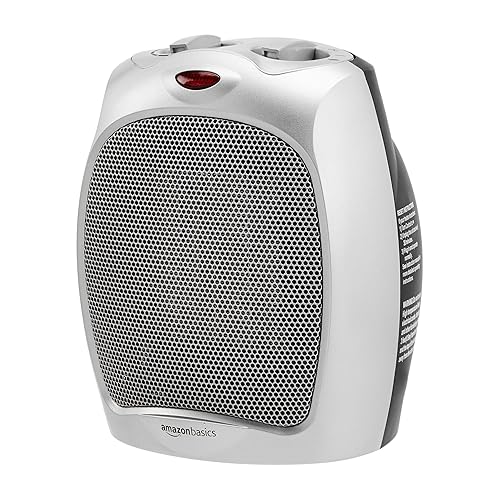 Amazon Basics Ceramic Space Heater, Portable Indoor Heating Solution, With Overheat and Tip-Over Protection, Thermostat, Non-Oscillating, 1500W, 7.52"D x 6.34"W x 9.45"H, Silver
