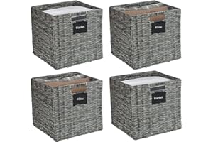 DECOMOMO Wicker Baskets Storage Organization Waterproof Plastic Storage Cubes for Toys, Books, Clothes (Set of 4 - Grey)