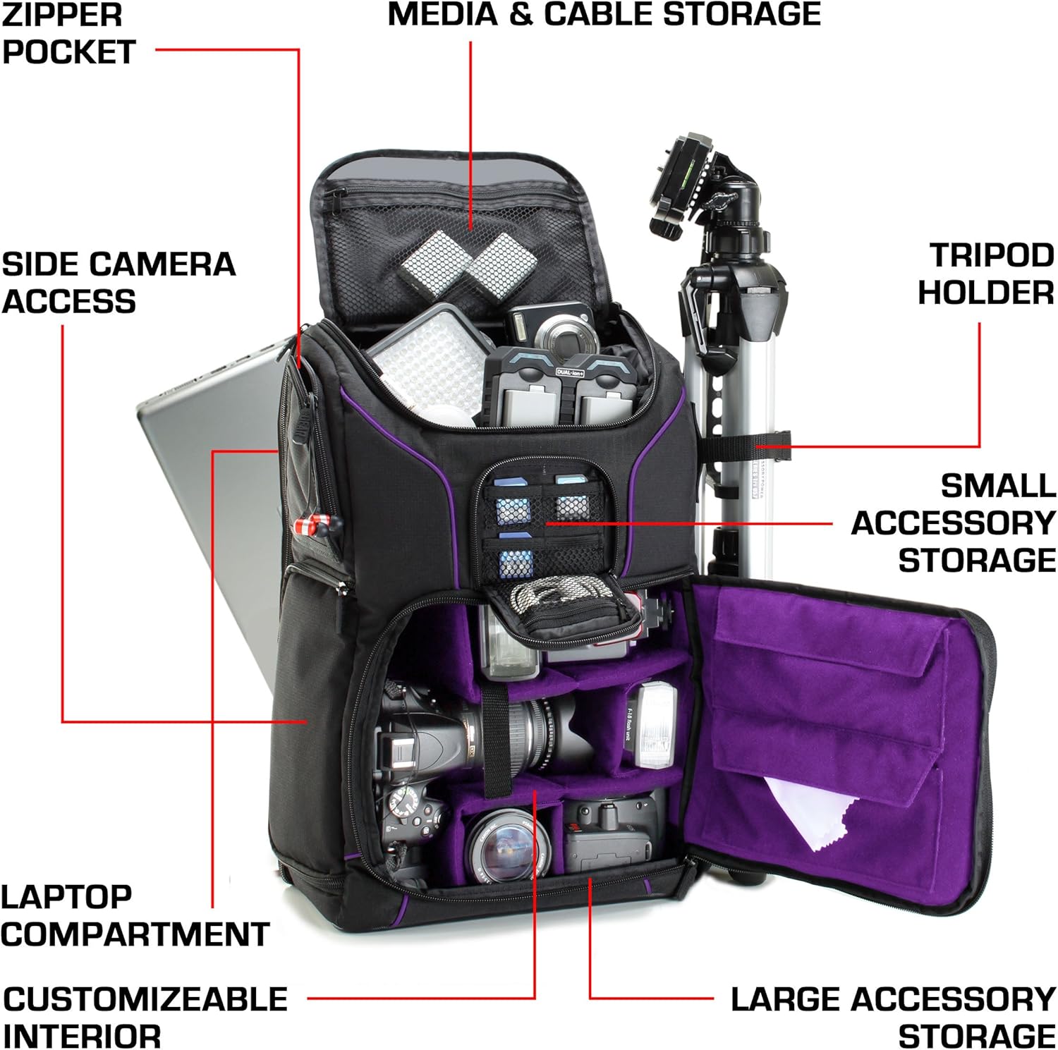 USA GEAR DSLR Camera Backpack Case (Purple) - 15.6 inch Laptop Compartment, Padded Custom Dividers, Tripod Holder, Rain Cover, Long-Lasting Durability and Storage Pockets - Compatible with Many DSLRs : Electronics