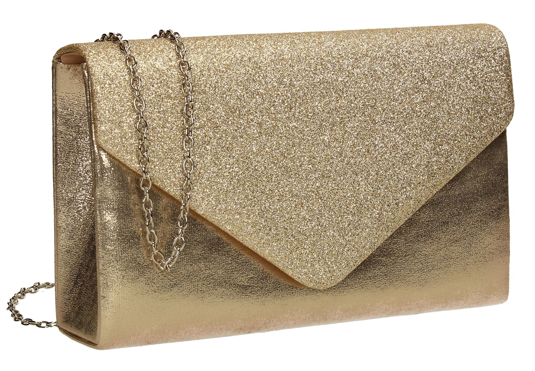 Swanky Swans Women's Kelly Glitter Envelope Clutch Bag Party Prom Bag Clutch Gold (Champagne) ,5x12.5x22 cm (W x H x L)