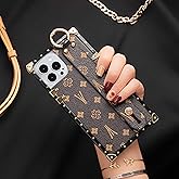 Rectangle Designer Luxury Case for iPhone 15 pro max Leather with Wristband Strap Hand Holder Ring Kickstand Silicone Shockproof Protective Bumper Trunk Box for Women Girls (Brown, iphone15 pro max)