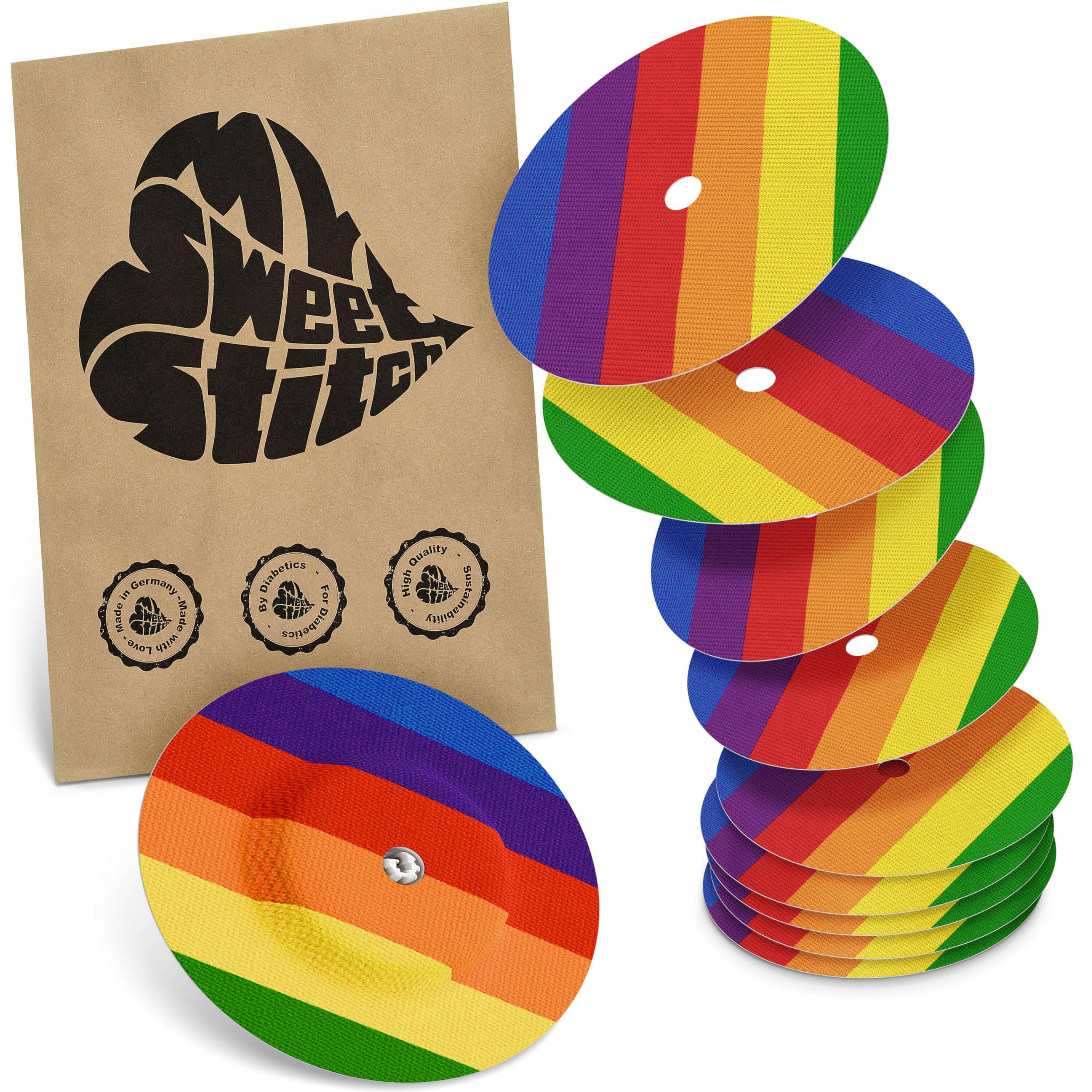MySweetStitch - 10 x Freestyle Libre 1 & 2 Round Patches with Ventilation Hole, Overpatch Ø 65mm, Waterproof, Breathable, Made in Germany, Pride