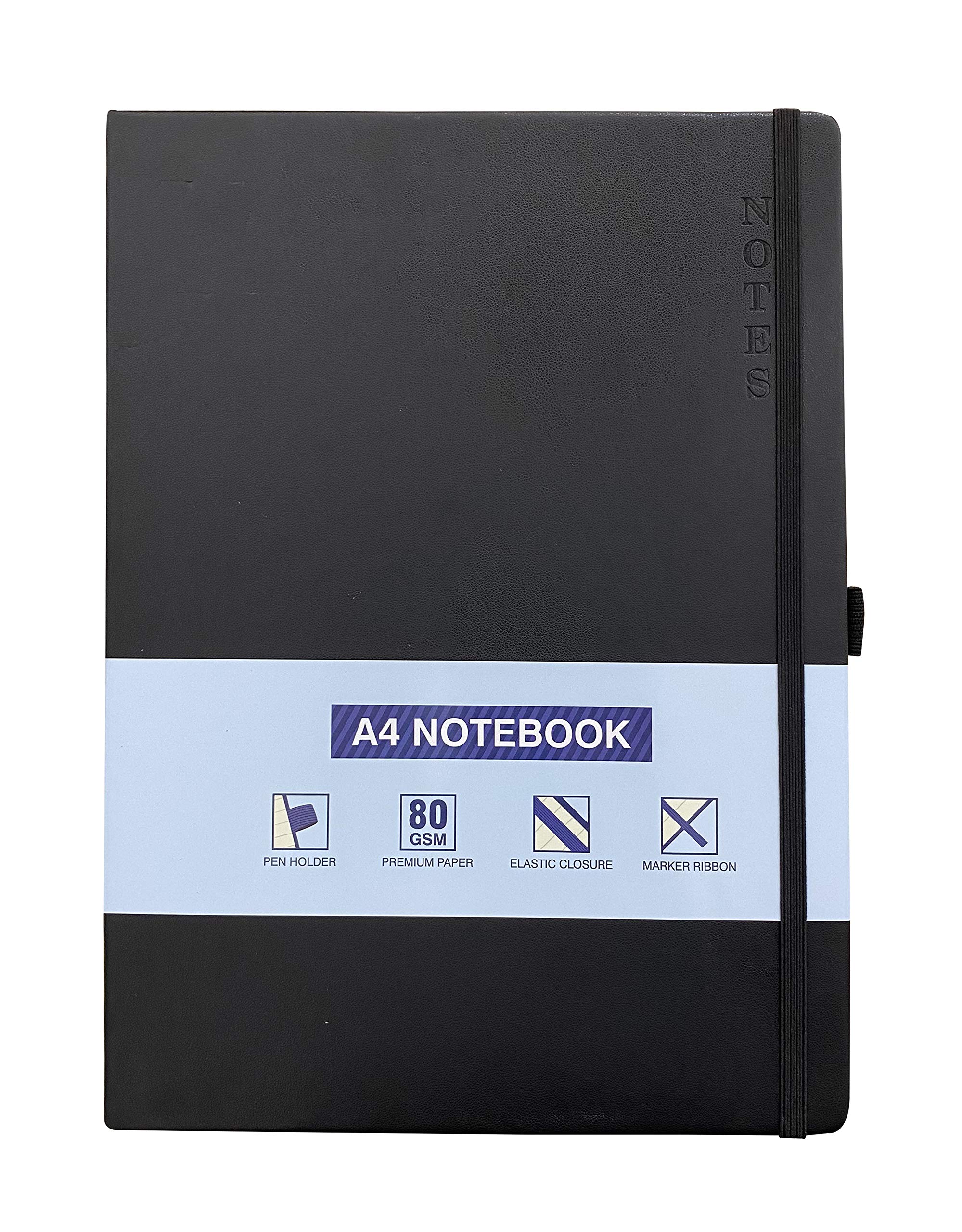 A4 Notebook Hardback Ruled Notepad Notes Lined Journal Diary with Pen Holder Premium Quality Casebound Book (Black)