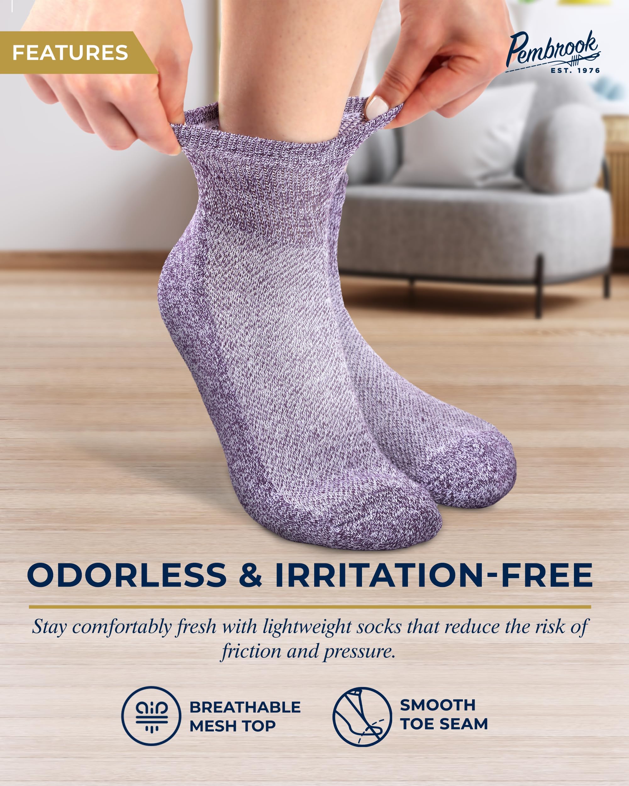 Pembrook Ankle Diabetic Socks for Women & Men | 6 Pairs | Wide Non Binding Socks Quarter Length | Edema Neuropathy Socks