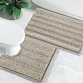 Yimobra Bathroom Rugs Sets 2 Piece, Soft Absorbent Chenille Bath Mat and U-Shaped Toilet Rug, Non Slip Machine Washable Quick Dry, Plush Shower Rugs for Bathroom Floor, 24"x17"+24"x20", Camel
