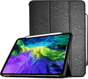 ProCase iPad Pro 11 2nd Gen 2020 & 2018 Case with Pencil Holder [Support 2nd Gen Apple Pencil Pairing & Charging], Protective Smart Cover Shell Stand Folio Case for Apple iPad Pro 11” 2020 2018 –Black
