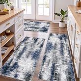Tritard Upgrade Non Slip Kitchen Rugs Sets of 3 Washable Kitchen Mats for Floor Abstract Kitchen Runner Rug Soft Floor Mat Set Kitchen Carpet Rugs for Hallway, Laundry, Entryway, Office, Blue Grey