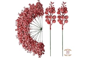 Sggvecsy 30Pcs Christmas Glitter Berries Stems Artificial Red Berry Branches Holly Picks Stems Christmas Tree Ornaments for DIY Xmas Wreath Crafts Gifts Holiday Home Decor (Red)