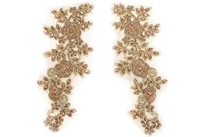 Labellezalady Beaded Rose Flowers &Leaves Rhinestone Pair Applique in Champgane(Rose Gold) for Prom Dress Belt Arts Crafts Sewing decorat (Champgane-A)
