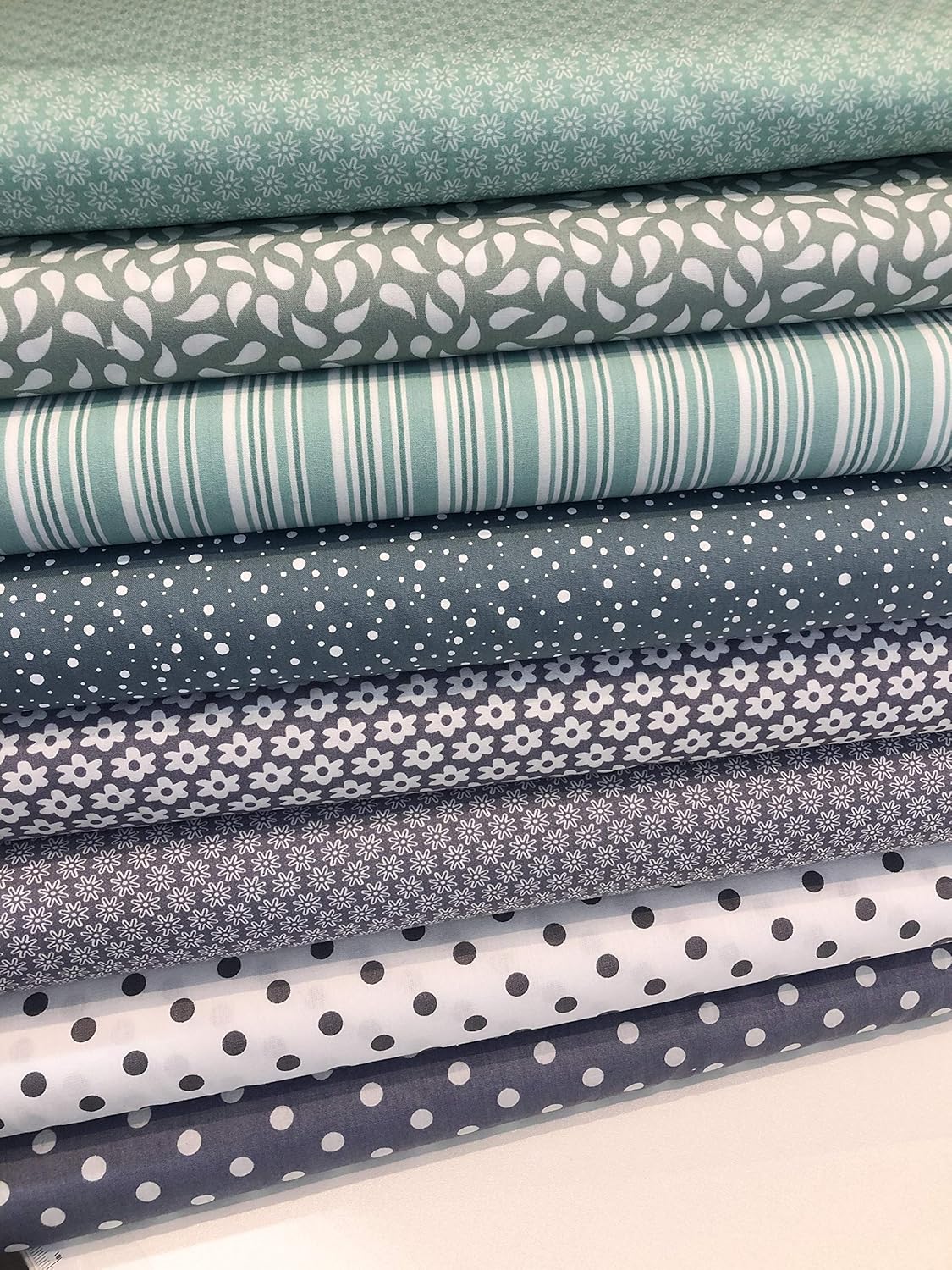 10x Stoff Grau Mint Stoffpaket No33 Stoffe Patchwork Tupfen Sterne Shabby Chic