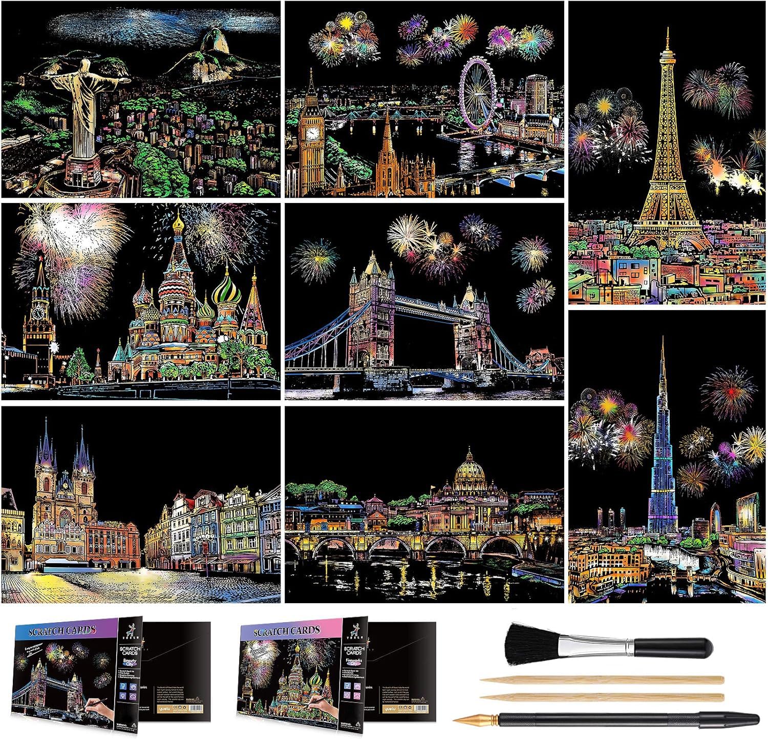 Scratch Art for Teens & Adults, Rainbow Engraving Painting Landscape Scratchboard(A4) Crafts Set: 8 Sheets 4 tools - Fireworks, Tower Bridge, Big Ben, Cristo Redentor, Ferris Wheel(Landmark Building)