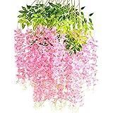 ONLY ART 12Pcs Hot Pink Wisteria Hanging Flower Artificial Silk Fake Wisteria Vine Ratta for Spring Wedding Party Anniversary
