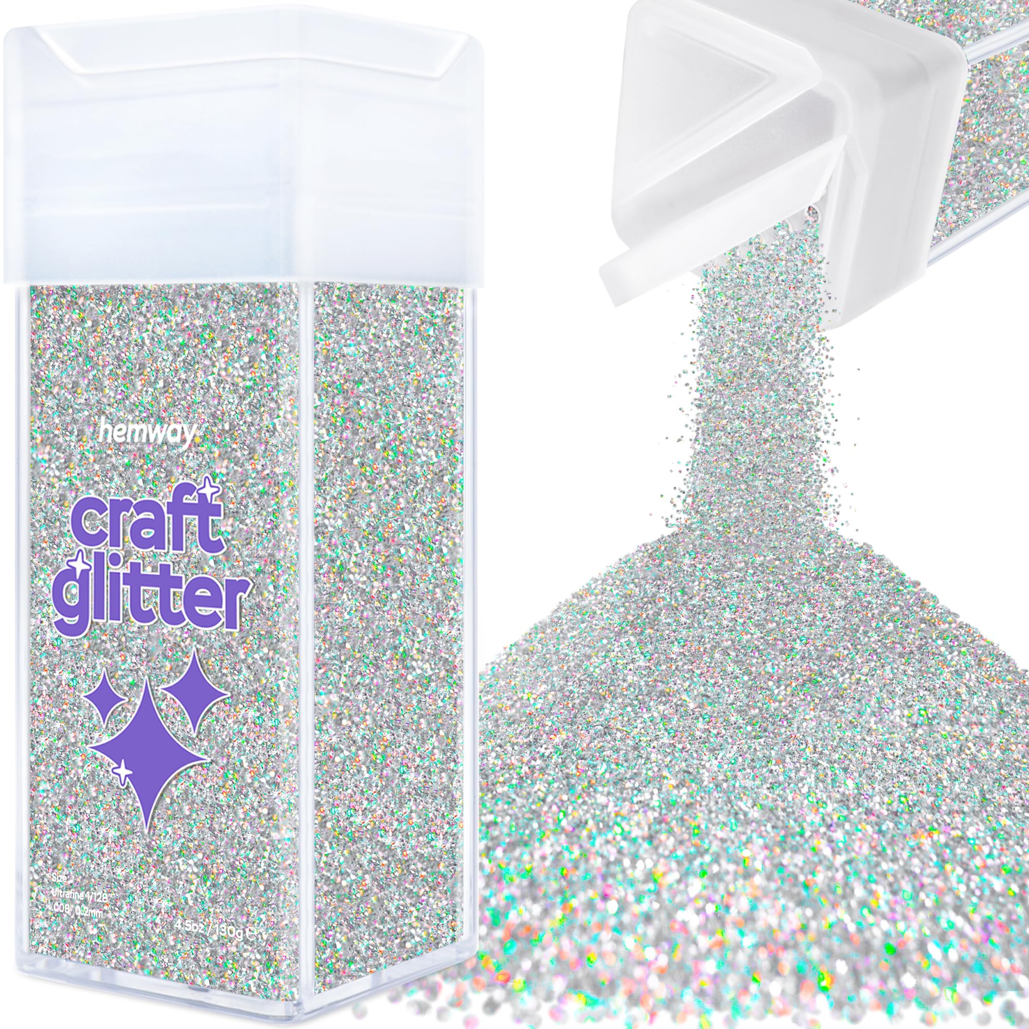Hemway Glitter Shaker Silver Holographic 110g Ultrafine, Craft Glitter Shaker for Resin & Epoxy Crafts, Christmas Art Supplies, Nail, Body, Face, Eye, Festival, Crafting, Slime, Sparkle