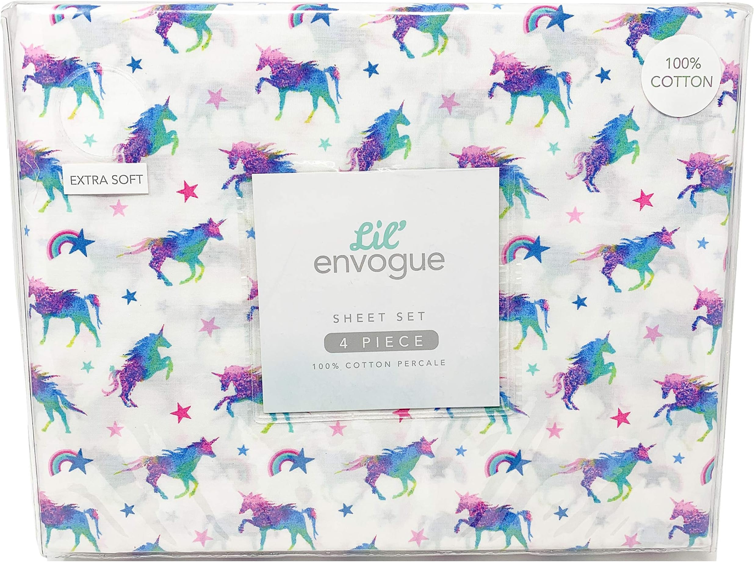 LilEnvogue Unicorn Sheets Cotton Percale Sheet Set Bold Ombre Unicorn Print for Kids (Full)