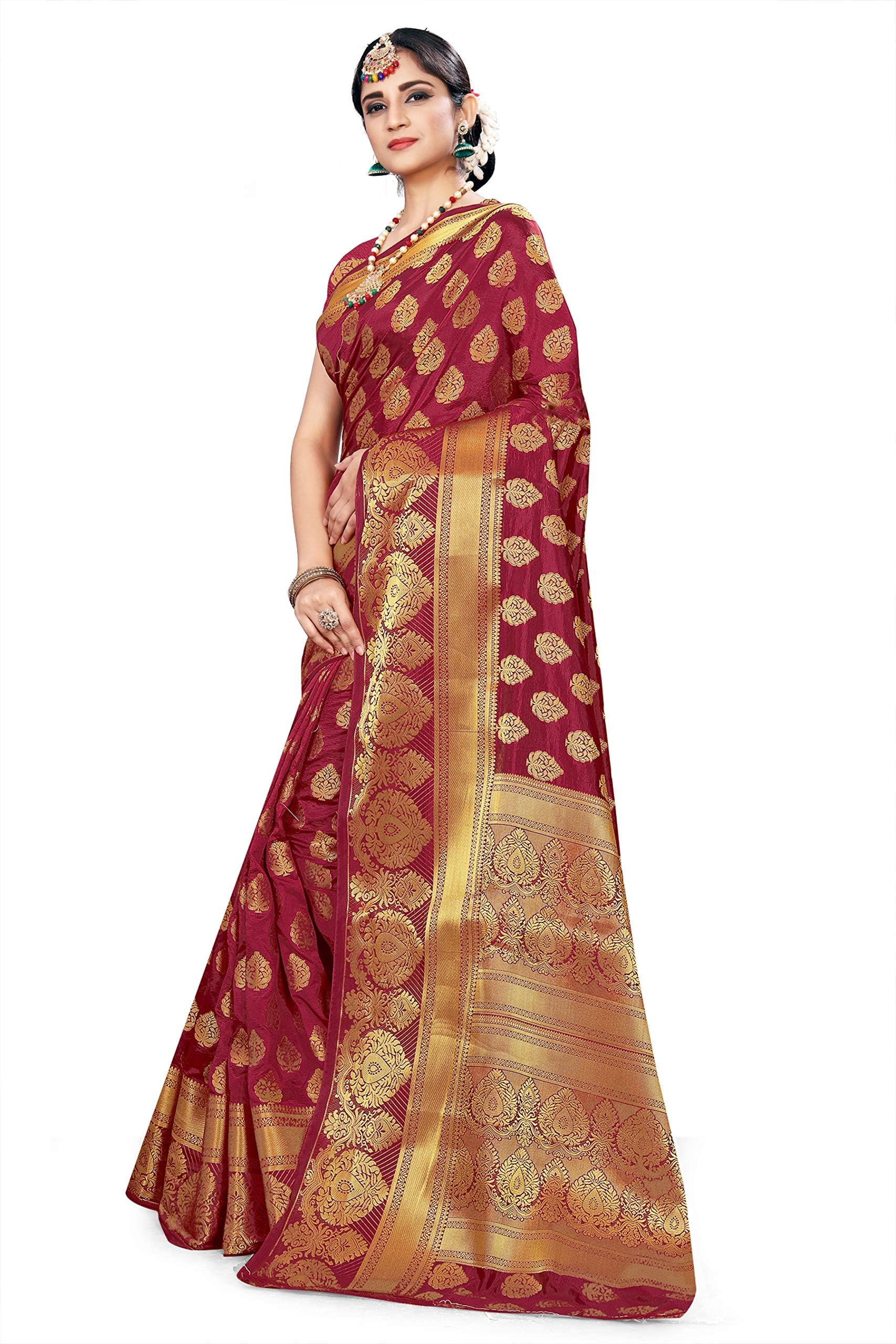 Women's Banarasi Art Silk Saree With Unstitched Blouse Piece (nee-s056-darkmaroon_Maroon)
