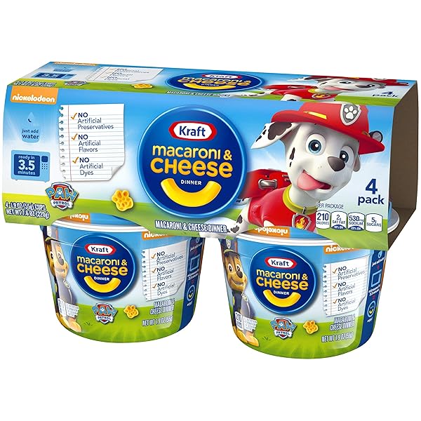 KRAFT NICKELODEON PAW PATROL MAC AND CHEESE, 4 CUPS, FOR EASY DINNER OR DINNER SIDES, ORIGINAL FLAVOR, NO ARTIFICIAL FLAVORS, PRESERVATIVES OR DYES, 1.9 OZ