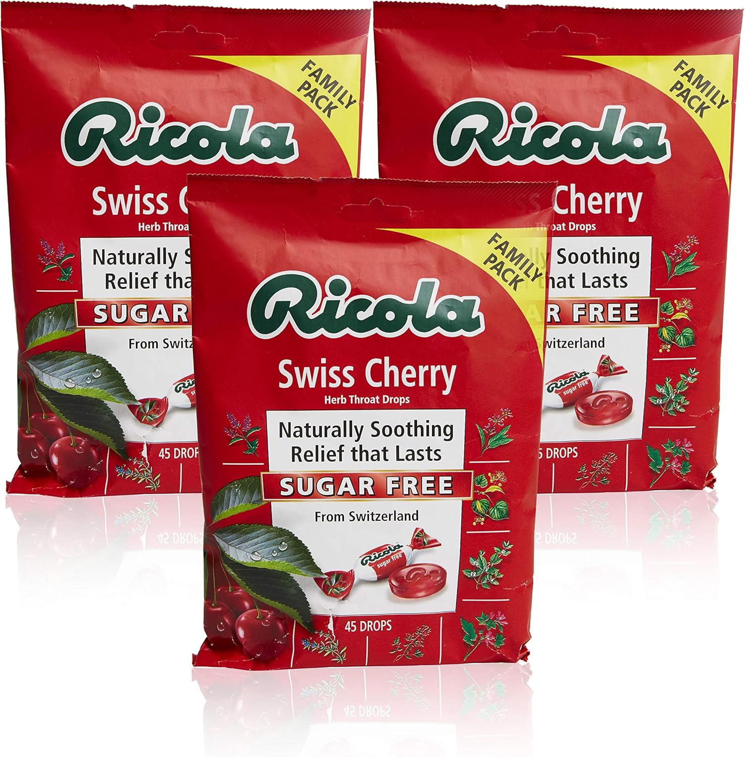 Ricola Sugar Free Swiss Cherry Herbal Cough Suppressant Throat Drops, 45ct Bag (Pack of 3)