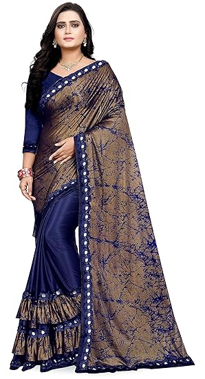 Women's Fancy Ruffle Lycra Silk Saree With Unstich Blouse Pice(Nav660_FreeSize)