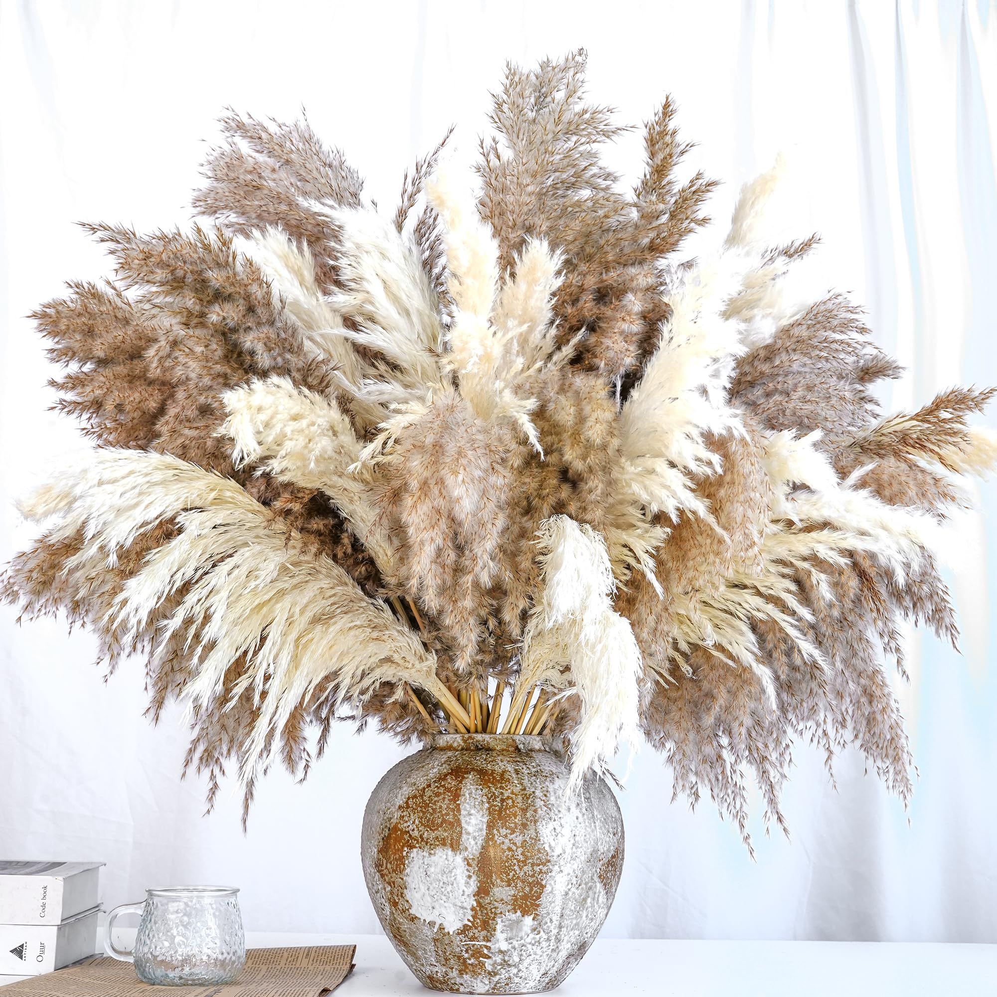 Photo 1 of 20 PCS Dried Flower, 30-inch Tall Nature Pampas Grass Bouquet Decor - Boho Flowers and Feathers for Centerpieces, Perfect for Tall Floor Vase Fillers, Living Room, and Wedding Decor(White, Natural)