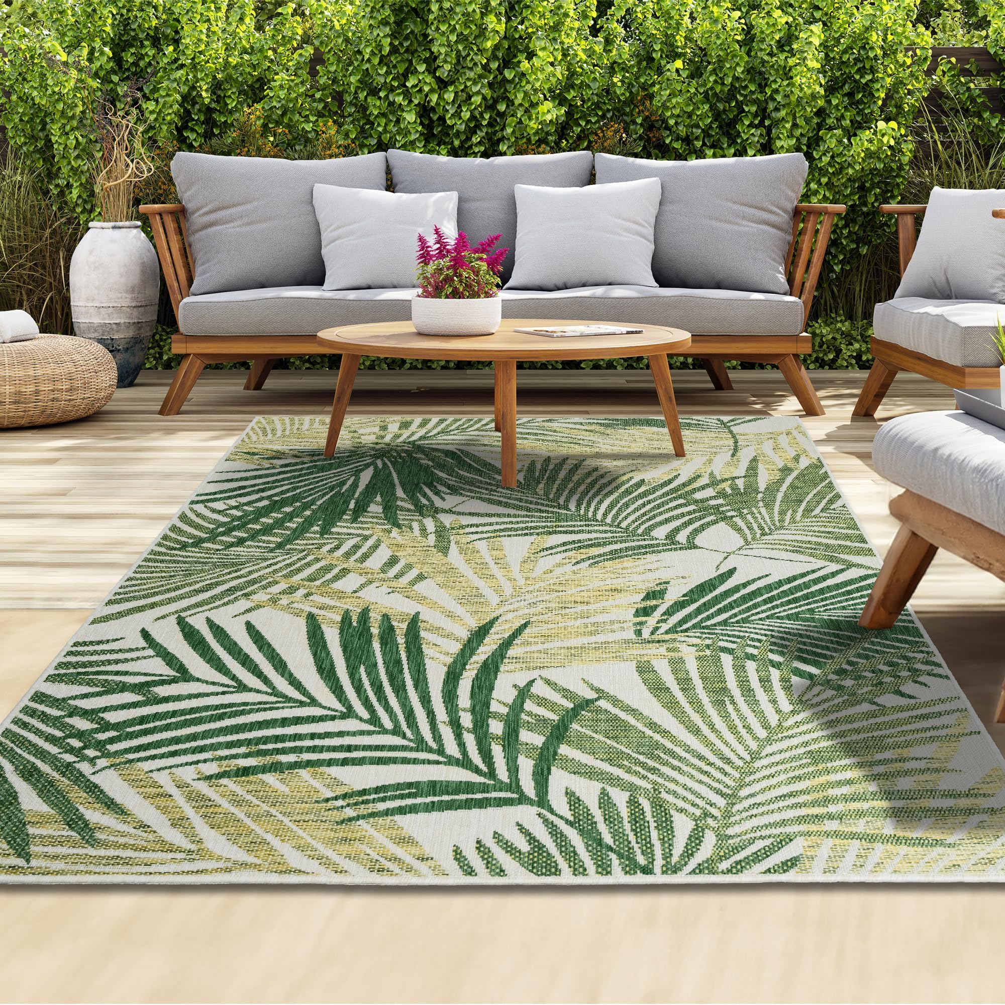homeart Outdoor Rug - Easy-Clean, Durable, Stain-Resistant, Weather & UV Resistant Indoor & Outdoor Rugs for Porch, Deck, Balcony, Garden, Picnic and Patio | Palm Green - 80x150cm