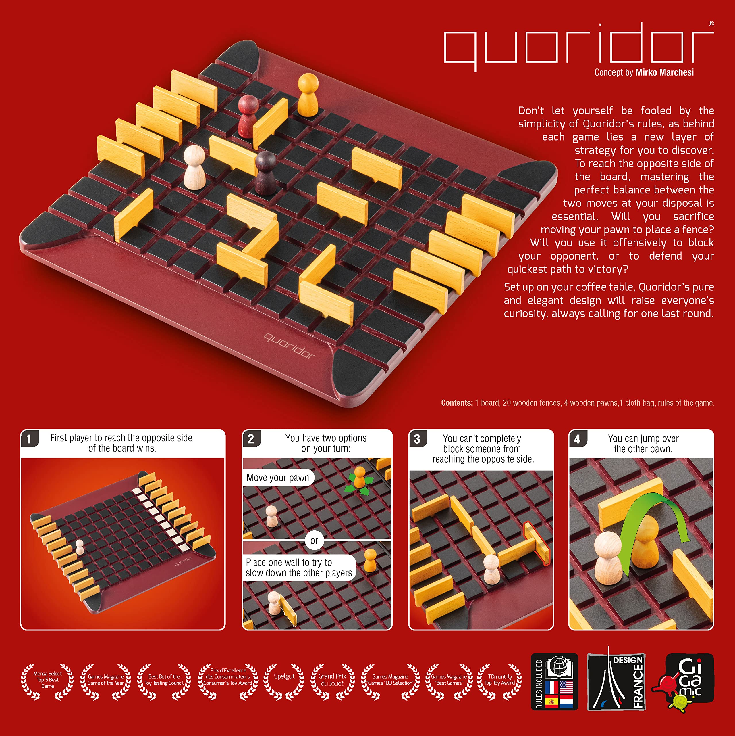 Quoridor - Over 1 Million Sold! Mensa Select Winner | Wooden Abstract Strategy Game for Adults and Families | Ages 8+ | 2 to 4 Players | 1 Minute to Learn, 15 Minutes to Play