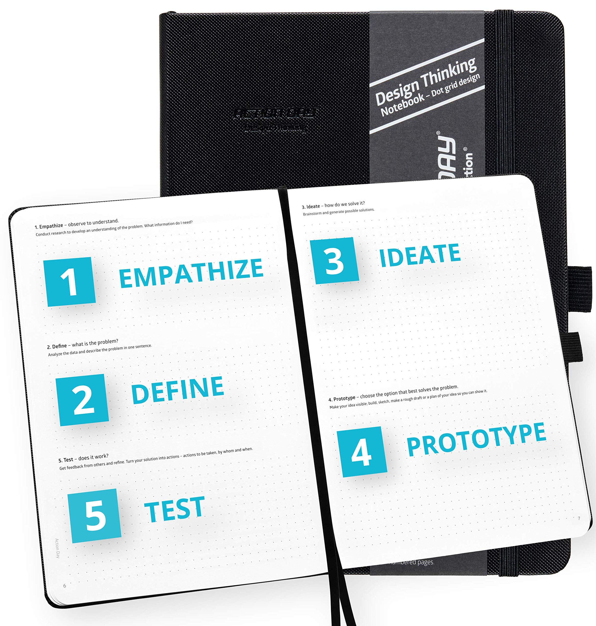 Action Day Design Thinking Notebook - Design That Makes It Easy for You to Solve Problems That Stands in Your Way, Journal, Agenda, Hardcover, Pocket, Pen Loop, Thick Paper,Dot Grid Pages (7x9,Black)