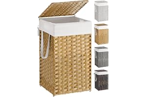 SONGMICS Laundry Hamper with Lid, 17.2 Gallon (65 L) Synthetic Rattan Clothes Laundry Basket with Lid and Handles, Foldable, Removable Liner, Goose Yellow ULCB165N01