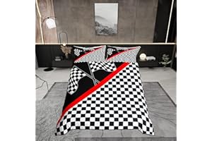 Homewish Racing Car Bedding Set Twin Size,Race Car Flag Extreme Sports Comforter Cover Set for Kids Girls,Geometric Grid Black White Check Bedding Quilt Cover Set Bedroom Decor, 2 Pcs