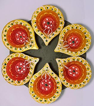 Swaraj- Traditional Handmade Diwali Clay Diya Decorative Multicolour- Waterproof (Pack of 1X6) - Orange and Yellow 6 Diyas