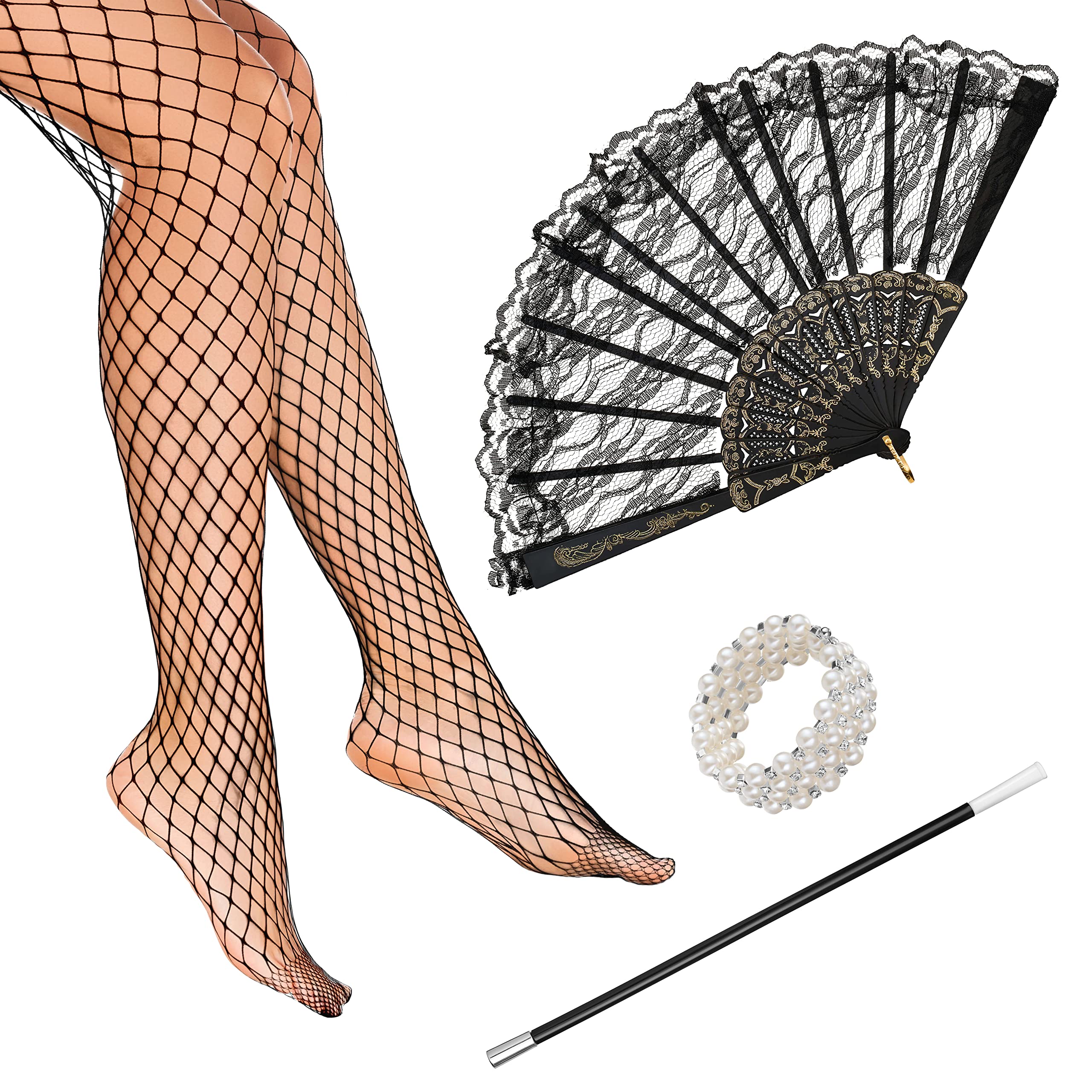 Balinco 1920s Accessories Ladies Set, Pearl Bracelet, Fan, Fishnet Tights, Cigarette Holder, Carnival, Women's Carnival, 20s Outfit Accessories
