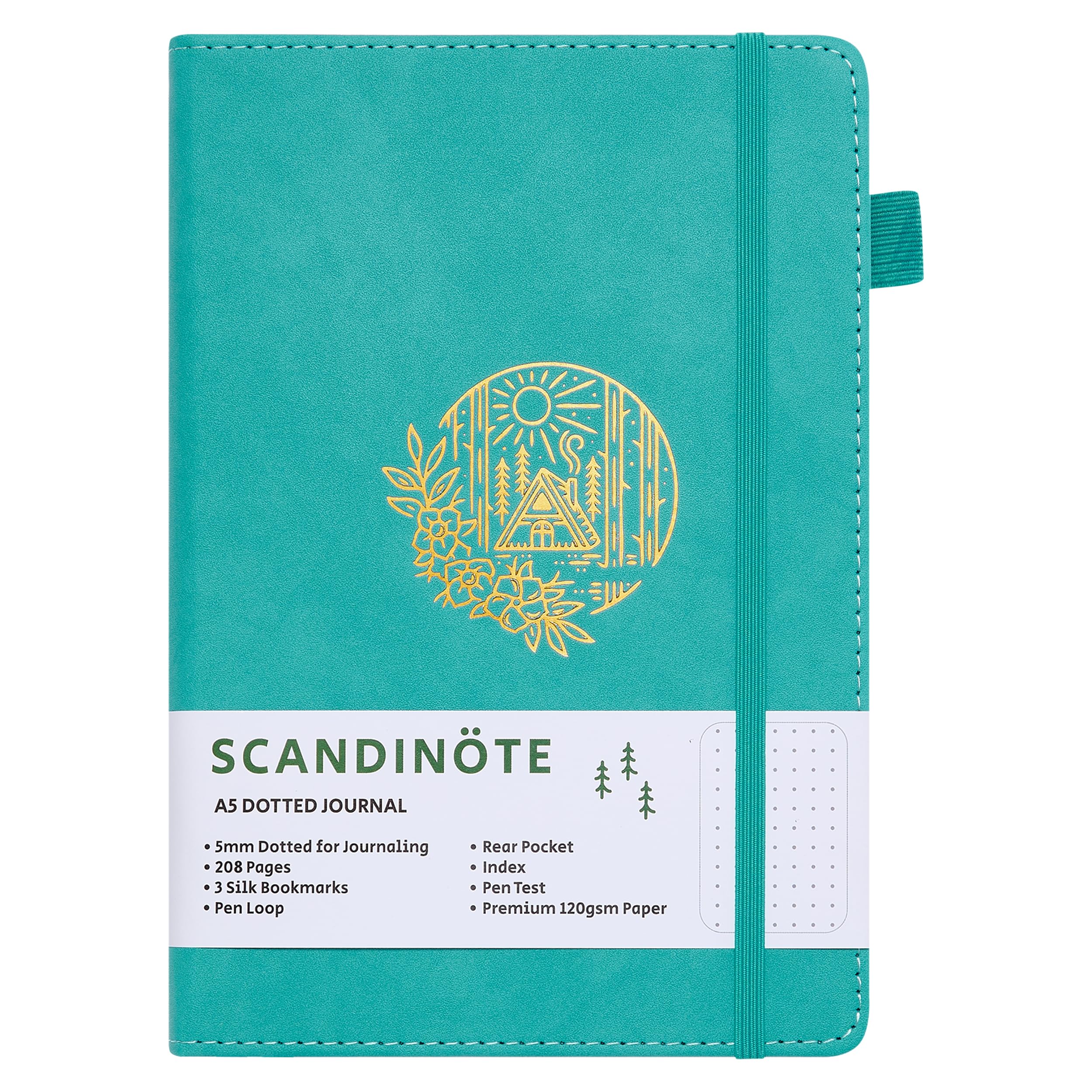 Scandinote A5 Bullet Dotted Journal Notebook, 208 Pages, 120gsm Paper, Vegan Leather Cover, 3 Bookmarks, Pen Loop, Pocket, Index, 180° Lay-Flat, 5mm Dot Grid for Bullet Journaling & Planning — image 1