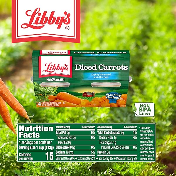 LIBBY’S DICED CARROTS | APPEALINGLY TENDER | FAINTLY SWEET & EARTHY FLAVOR | VIBRANT ORANGE SLICES | FARM FRESH GOODNESS | NO PRESERVATIVES | SIX 4-PACK SLEEVES OF 4.0 OZ CUPS (24 CUPS TOTAL)