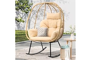 YITAHOME Wicker Rocking Egg Chair, Outdoor Patio Rocking Chair with Cushioned Comfort, 330lb Capacity, Anti-Slip, All-Weather Resilient Egg Lounger Chair for Indoor & Outdoor Relaxation Spaces, Beige